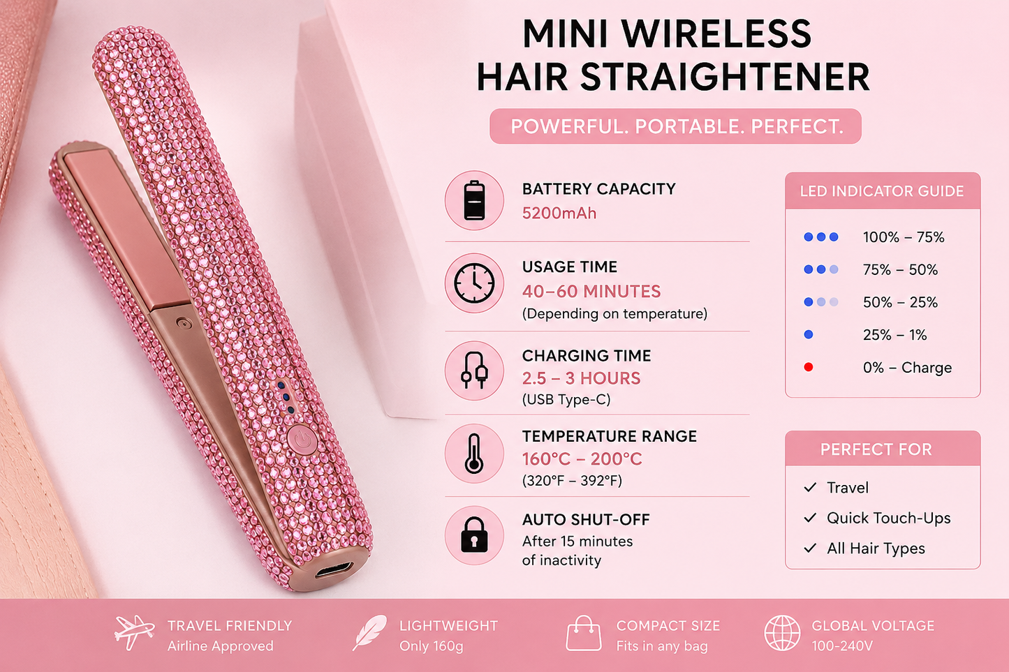 Rhinestone Wireless Hair Straightener